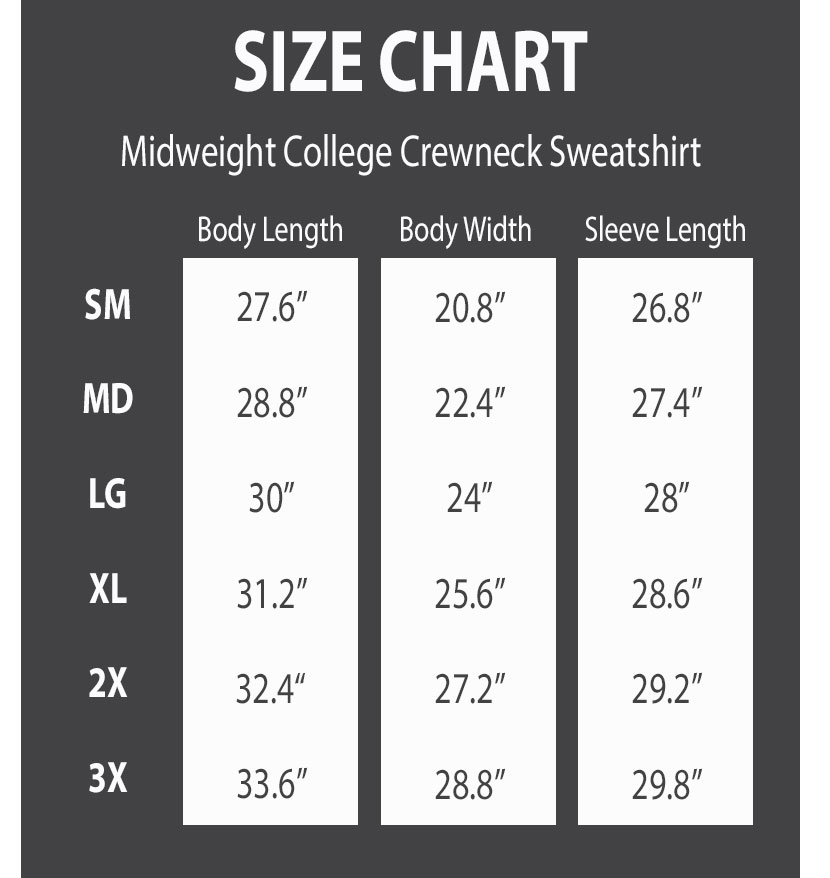 Middleweight Sweatshirt Size Chart