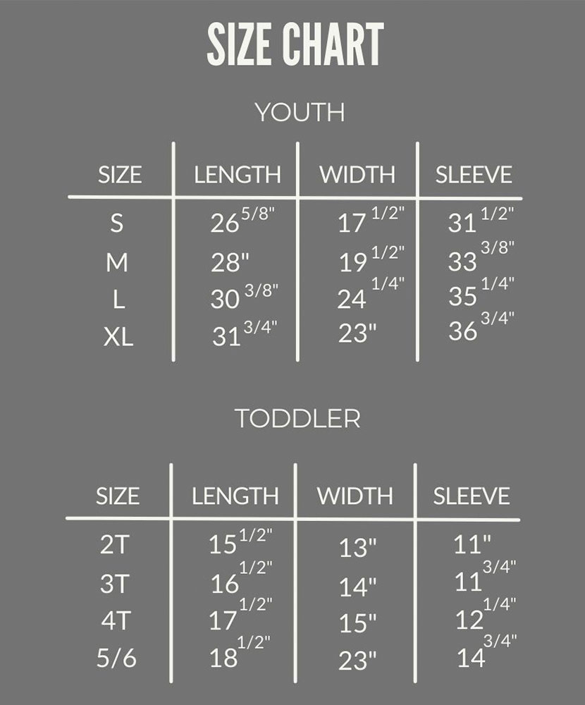 Size Chart for Toddler and Youth