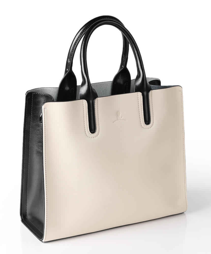 Black And Cream Color Block Leather Tote