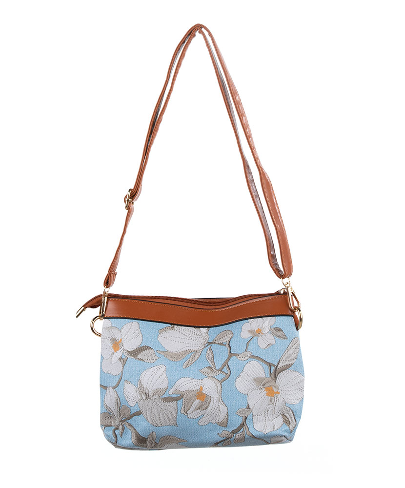 Buy Blue Embroidered Orchid Hand Bag by Puro Cosa Online at Aza Fashions.